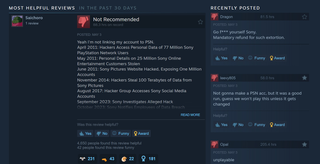 Una captura de pantalla muestra críticas enojadas de Helldivers 2 en Steam. 